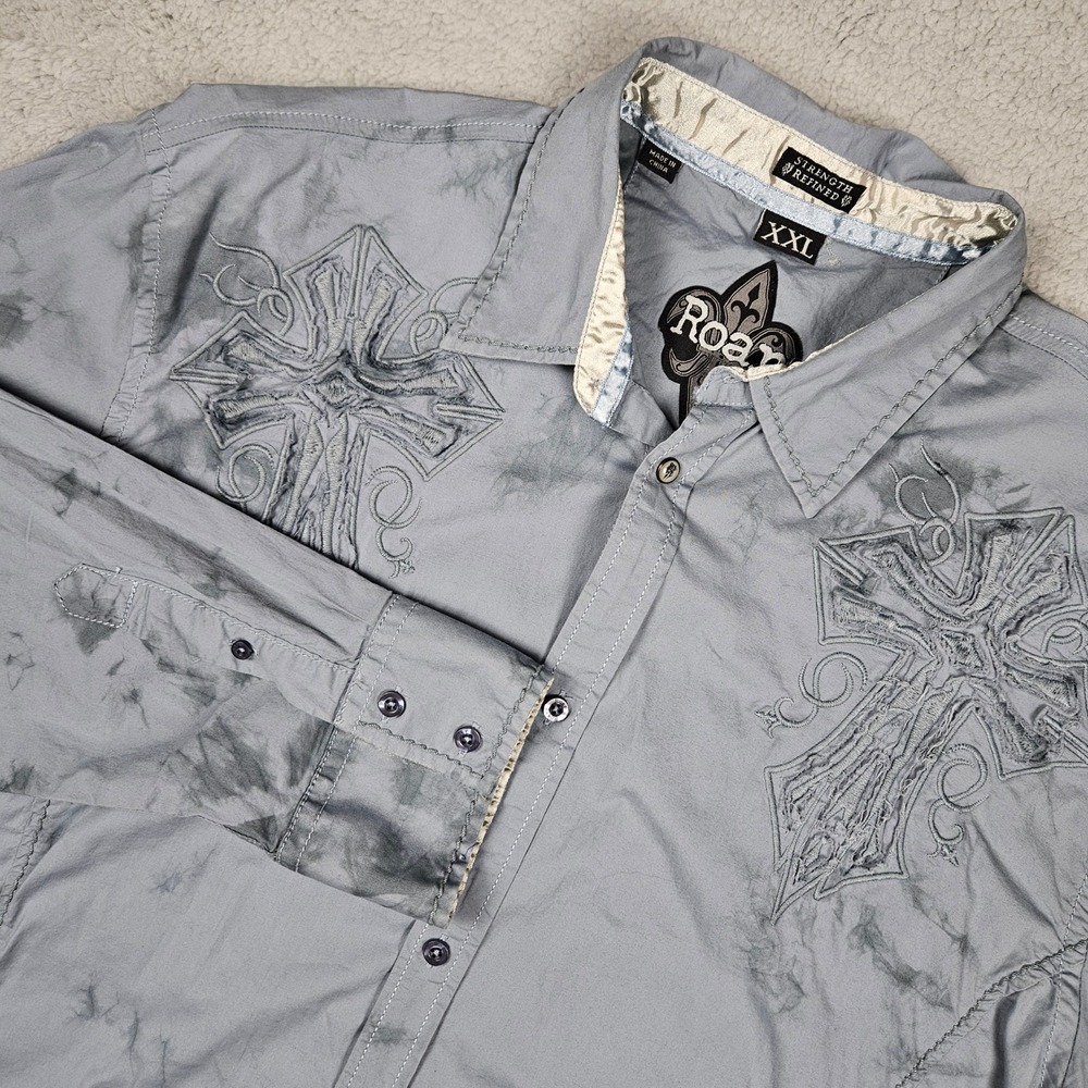 Roar‎ (Men's XXL) Gray Button Up Embroidered Cross Y2K Grunge Shirt Long Sleeve